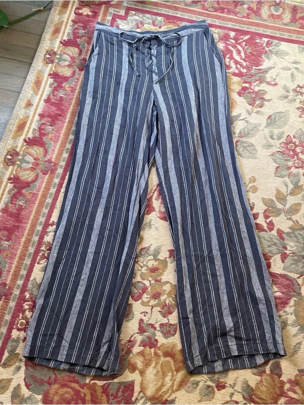 Cato Gray & White Striped Linen & Rayon Wide Straight Leg Pants